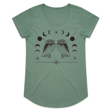 Live the Life you Love owl tee. product shot organic cotton